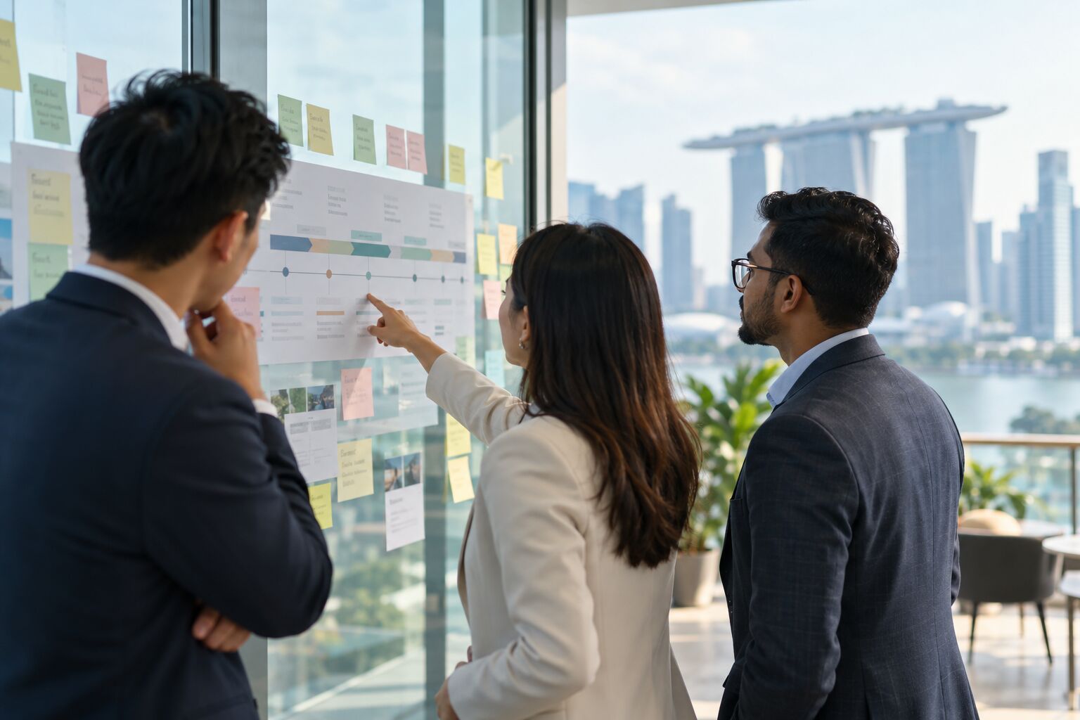 A project team reviewing a programme roadmap in a Singapore office